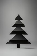 Obraz premium A minimalist Christmas tree silhouette cut out of black paper, standing upright on a grey background. 
