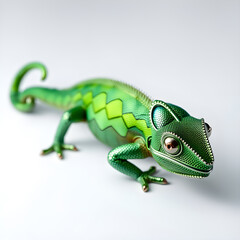 Obraz premium Chameleon metallic 3D image of green chameleon on white background. Generative AI