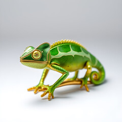 Fototapeta premium Chameleon metallic 3D image of green chameleon on white background. Generative AI