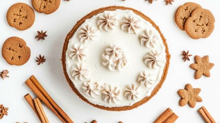 A beautifully decorated cake surrounded by cookies and spices, ideal for festive occasions.