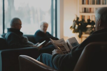 Serene gathering of seniors in a cozy reading room, engaging in conversation and magazines