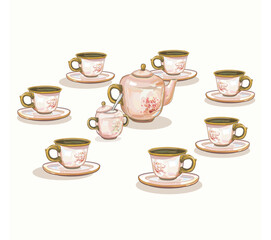 pink china porcelain ceramic set coffee cups afternoon british tea time party classical pottery tableware container illustration on white background