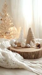 Two handmade rope Christmas trees decorated with golden stars and bells, with a bokeh light background.