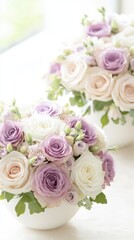 Obraz premium Lavender and white rose bouquets in soft light, perfect for a Mother's Day centerpiece or gift, symbolizing elegance and heartfelt love.