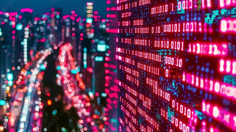 Poster digital vault with binary code in urban night scene