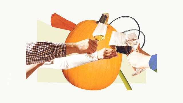 Hands toasting with wine glasses in front of large pumpkin. Spirit of Thanksgiving with friends and family. Contemporary art collage. Concept of Thanksgiving day, holiday, celebratory mood.