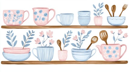 Colorful Kitchenware Set Displayed on Shelves