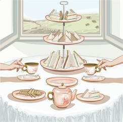 pink ceramic set coffee in two cups hands  pinky finger up afternoon british tea time party  with biscuits classical pottery tableware fingers sandwich  illustration interior background