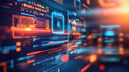 Abstract digital interface with glowing data elements and technology motifs.