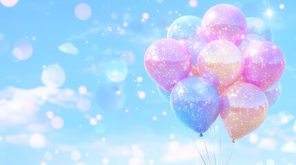 Sparkling pastel balloons floating against a dreamy blue sky. Concept: celebration and joy.