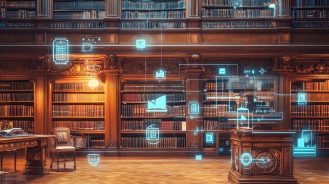 A modern library with digital icons representing information and technology.