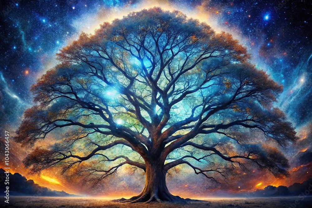 Poster gigantic tree with branches producing galaxies and trunk holding up chaos universe symmetrical