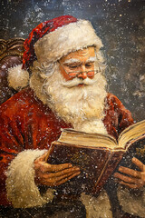 vintage style painting of santa claus reading a book