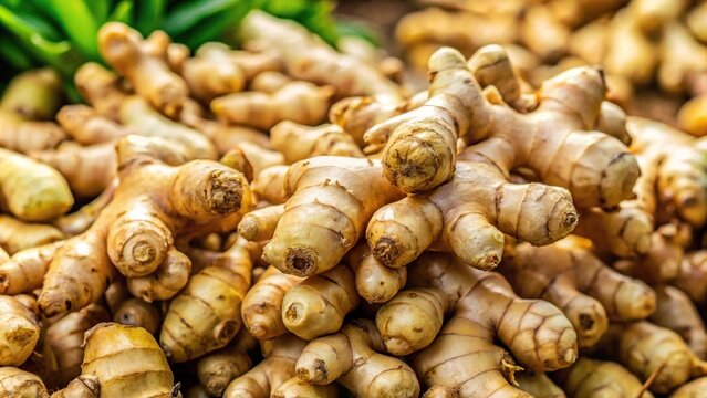 Ginger roots freshly harvested from organic field at a tilted angle