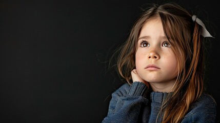 Upset young girl on black background.