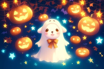 Obraz premium Cute Ghost in a Halloween Night Sky.