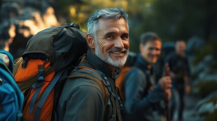 Fototapeta premium A man who is carrying a backpack is smiling joyfully while hiking in the woods