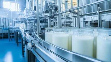 Fototapeta premium Dairy product containers moving on a conveyor belt in a factory.