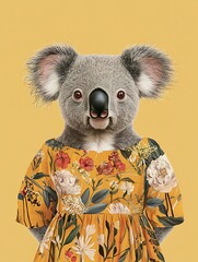 Female koala in a chic maxi dress on a pale yellow background.