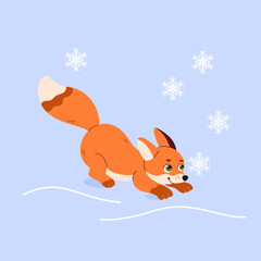 Little funny cute red fox baby playing with snowflakes. Cute vector winter children's illustration for gift wrapping, cards, birthday invitations, photo album design and decoration in flat style.