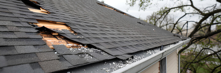 Roof damage after hailstorm, shingles broken