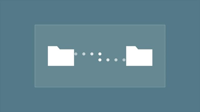 Copying files from one white folder to another in modern graphics style. Gray, blue background.Document management, database, data. transfer, software searching concept. 