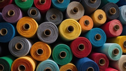 Colorful fabric rolls are stacked on top of each other