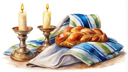 Shabbat Challah, Candles, and Tallit Watercolor Illustration for Jewish Faith Celebrations and Saturday Eve Ceremonies