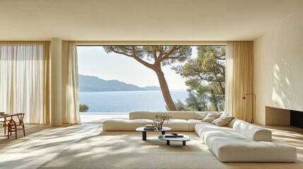 Fototapeta premium Minimalist Modern Living Room with Sea View and Large Windows, Elegant Interior Design