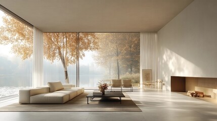 Fototapeta premium Minimalist Modern Living Room with Sea View and Large Windows, Elegant Interior Design