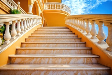 Elegant staircase leading to a bright building with ornate railings and a clear sky.