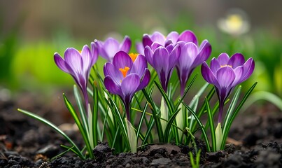 Beautiful purple crocus flowers in the garden