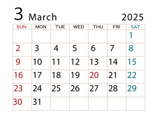 2025年カレンダー　3月 ⑵	