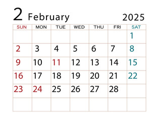 2025年カレンダー　2月 ⑵