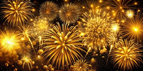 Stunning Gold Fireworks Display for Celebrations - Bright Festive Fireworks Against a Black Background, Perfect for Christmas, New Year, and Birthday Cards