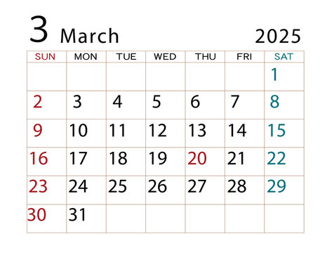 2025年カレンダー　3月 ⑵	