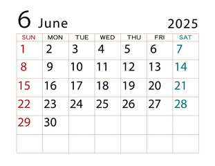 2025年カレンダー　6月 ⑵