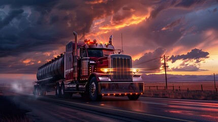 Big rig American semi truck with light on the highway at sunset