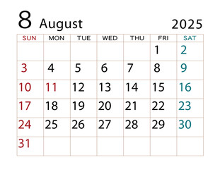 2025年カレンダー　8月 ⑵