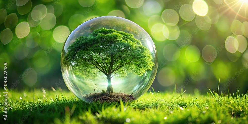 Poster glass ball with tree reflection on grass with bokeh background
