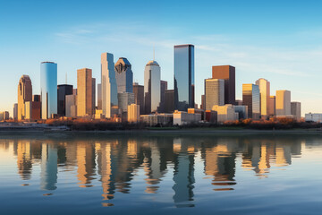 panoramic view of city skyline at sunrise with tall buildings reflecting on water in vibrant colors sky serene atmosphere concept