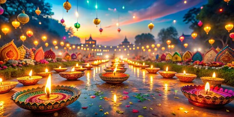 Obraz premium Stunning Panoramic View of Diwali Festival Celebration with Glowing Diya Oil Lamps, Colorful Lights, and Festive Background for Celebrating the Festival of Lights