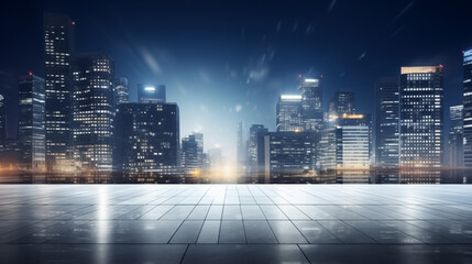 urban cityscape at night with sleek modern skyline illuminated by bright lights for product display advertisement concept