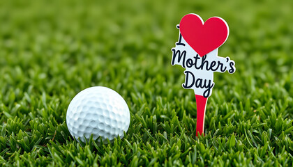 Golf Mother's Day with golf ball Happy mother's day with tee and heart with love on green grass isolated with white highlights, png