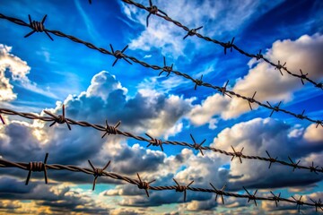 Barbed Wire Against a Blue Cloudy Sky - Captivating Product Photography for Industrial Themes, Nature, and Defense - Ideal for Commercial Uses and Stock Photos