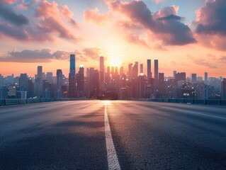 Fototapeta premium Panoramic city skyline and buildings with empty asphalt road at sunset.