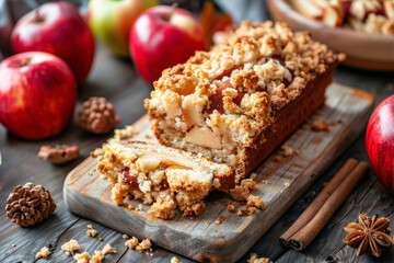 Fototapeta premium Delicious Apple Loaf With Crumbles Displayed on a Rustic Wooden Board Surrounded by Fresh Apples