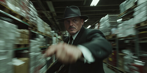 Sepia-toned detective banner in dim warehouse with blurred motion on web