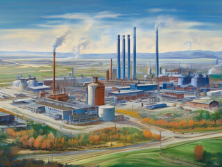 Obraz premium Bright Industry, Greener Future. A large, modern industrial plant, with expansive metal buildings, tall smokestacks, and large storage tanks.