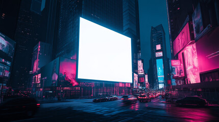 Blank illuminated billboard in Times Square at night. Banner billboard mockup for advertising in the city